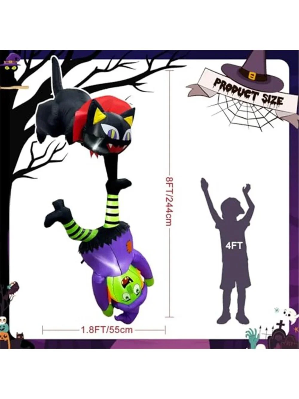 8 FT Hanging Halloween Inflatables Outdoor Decorations Black Cat and Witch